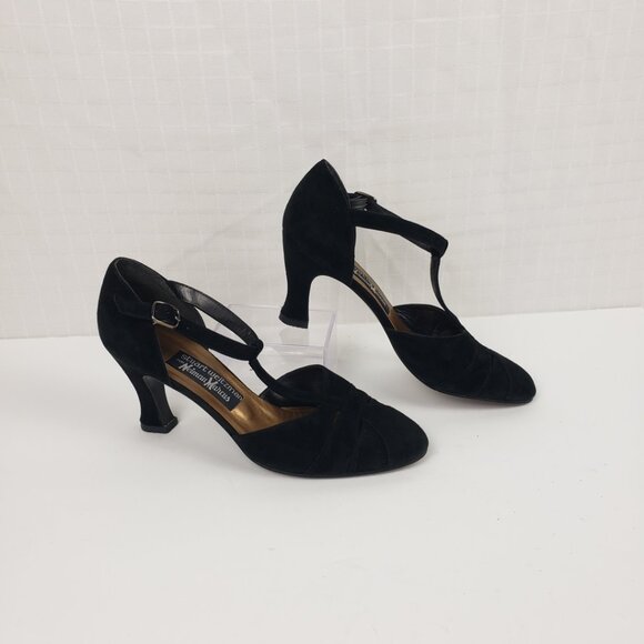 Stuart Weitzman Sz 7 Black TStrap Heels for Neiman Marcus Slits 3" Suede Shoes - Picture 2 of 16